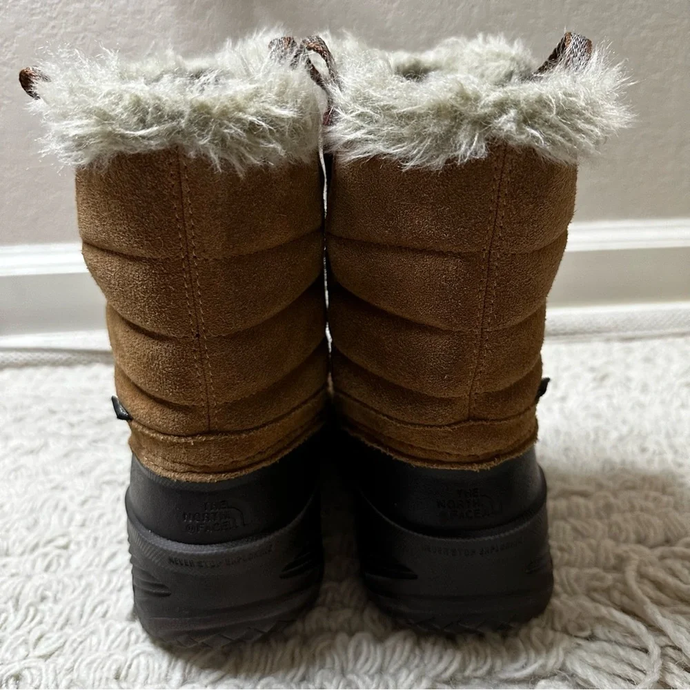 NORTH FACE girls’ brown suede leather faux fur lined Shellista snow boots 3